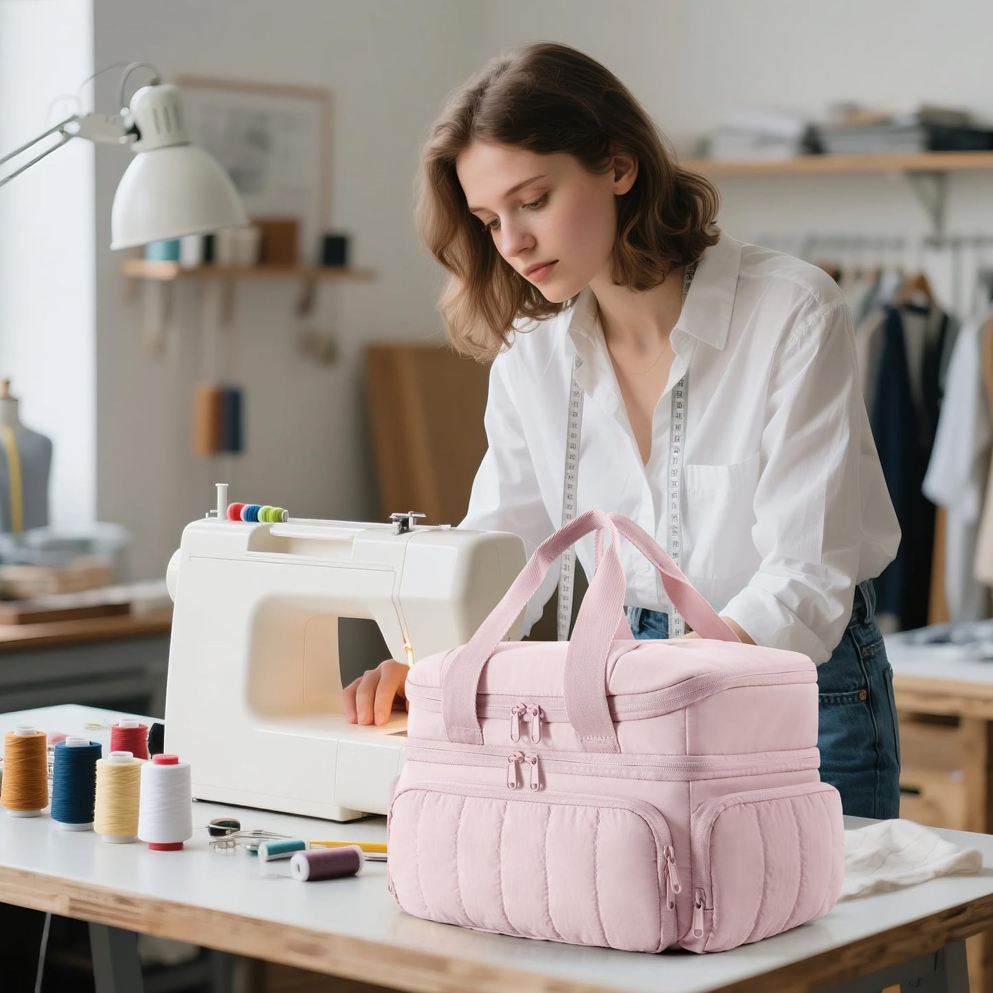 Marscamd Puffer Sewing Organizer Bag, Large Capacity with Multiple Pockets and Detachable Dividers, Storage Box for Threads, Needles, Scissors, Craft Supplies, Pink (Bag ONLY, NO Supplies)