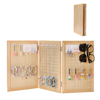 humberboat Wooden Foldable and Portable 3-Panel Pegboard Jewelry Display Organizer with 24 Removable White Metal Hooks for Bracelets, Earrings and Keychains, Versatile Countertop Rack for Store