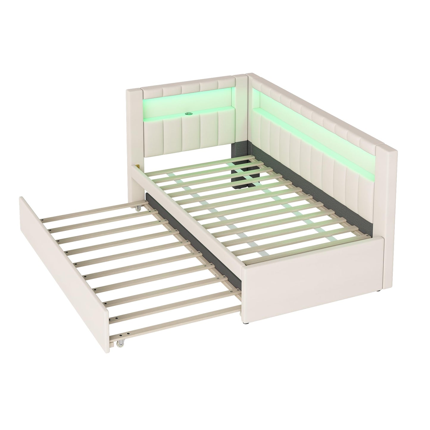 DNYN Upholstered Twin Size Daybed with Trundle for Bedroom,Apartment,Solid Wood Bedframe w/USB Ports & LED Design,Super Save Space & No Box Spring Needed, White