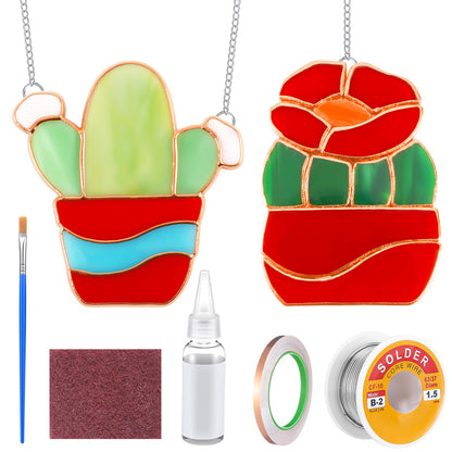 LemonRoad 2 Sets Unfinished Succulents Pre Cut Stained Glass DIY Stained Glass Craft Kit with Solder Wire, Gel Flux, Flux Brush for Adult Make Your Own Beautiful Art Handcrafts for Home Decor