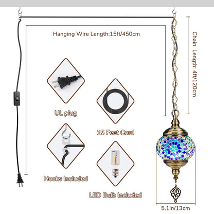 BOHMR DIY Turkish Mosaic Lamp Kit, 5.2"D Plug-in Stained Glass Pendant Hanging Lamp Making Kit with 15ft Cord-No Skills Needed,Mosaic Art & Craft Project Kits for Adults&Teens, Make Your Own Lamp,Blue