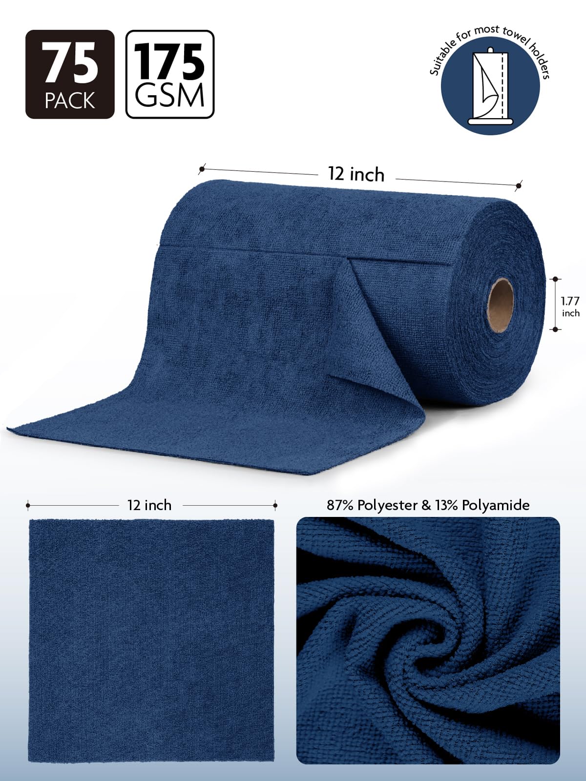 Fantasticlean Microfiber Cleaning Cloth Roll -75 Pack, Tear Away Microfiber Towels, 12" x 12", Reusable, Washable, Scratch Free, Ultra Absorbent for All-Around Cleaning Supplies (Navy Blue)