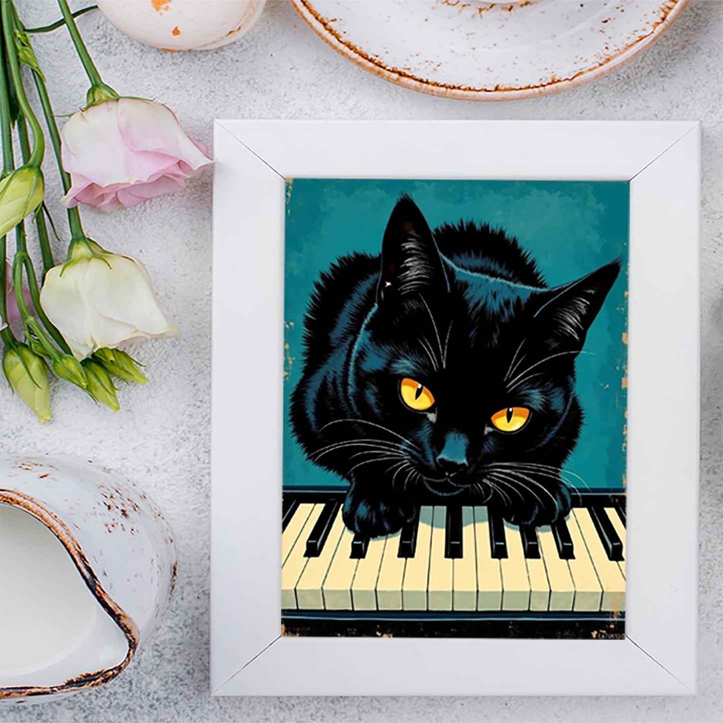 EATUKYIC Diamond Art Kits for Adults Cat on Piano Keys Retro Art DIY Frameless Diamond Painting Kits for Adults Beginner, Diamond Painting Kit for Home Wall Decor 12x16 inch