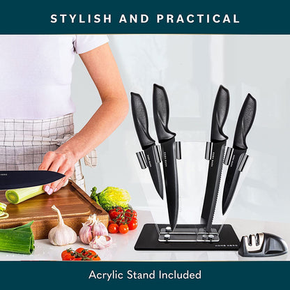 Home Hero Kitchen Knife Set with Sharpener - High Carbon Stainless Steel Knife Block Set with Ergonomic Handles (20 Pcs - Acrylic Black)