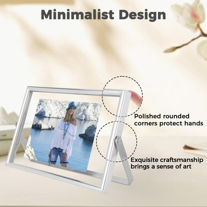 AhaGo Silver Floating Frame, 4"x6", Horizontal, 2 Set, For Picture 3.5x5, 2x3, 1x2, Small Desktop Photo Frames, Classy Gift For Children, Wedding, Home or Office Décor