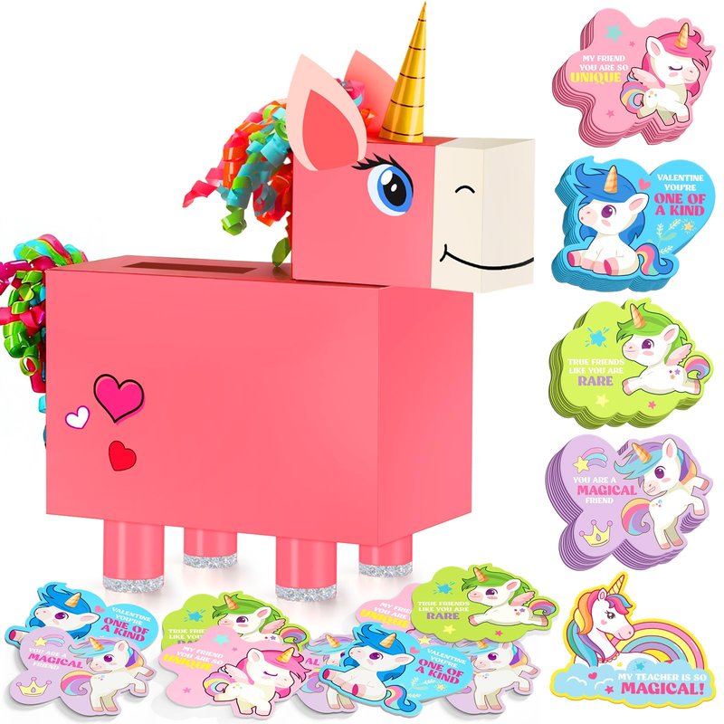Bstoyder Unicorn Valentines Day Box and Cards for Kids School, Valentines Day Cards Gifts for Kids Classroom Exchange, School Party Favors (1 Unique Pink Box, 32 Valentine Cards, 1 Teacher Card)