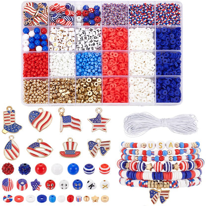 PH PandaHall 3014pcs Polymer Clay Beads Kit for 4th of July, Red White Blue Patriotic Beads Glass Seed Bead with Charms Cords for Bracelets Necklace Jewelry Making, Independence Day Party Decoration