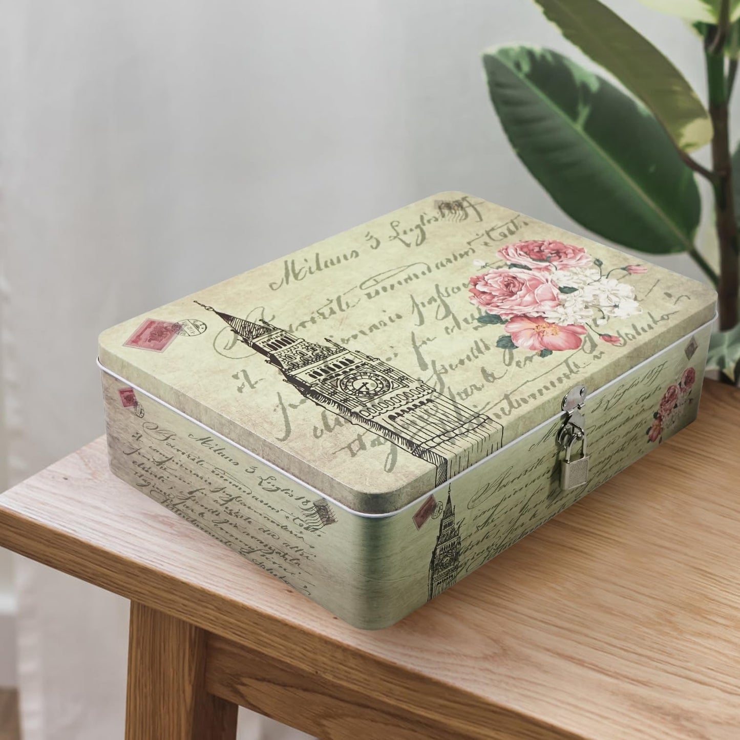 DreamsEden Decorative Keepsake Box with Hinged Lid and Small Lock, Large Letter Size, Tin Sheet Metal - Storage Memory Box for Keepsakes, Cards, Letters, Seed, Kids Gifts