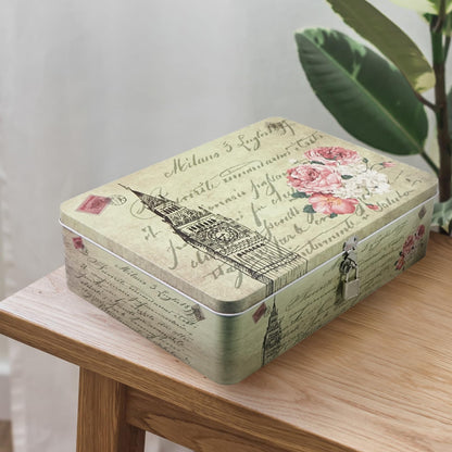 DreamsEden Decorative Keepsake Box with Hinged Lid and Small Lock, Large Letter Size, Tin Sheet Metal - Storage Memory Box for Keepsakes, Cards, Letters, Seed, Kids Gifts