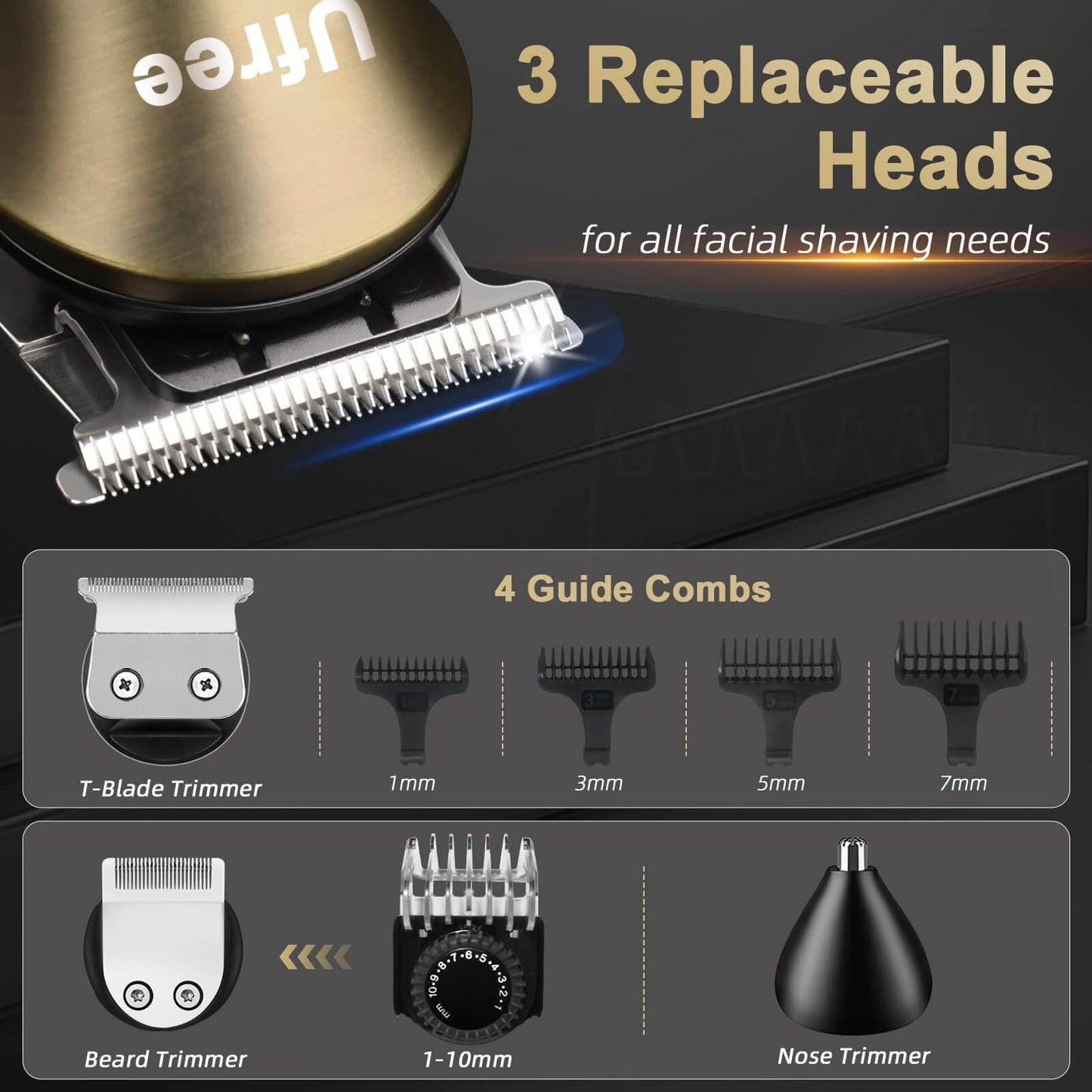 Ufree Beard Trimmer for Men Professional with Hair Clippers, Barber Clippers and Trimmers Set, Electric Razor Shavers for Men, Cordless Mens Grooming Kit for Nose, Ear, Face, Hair, Gifts