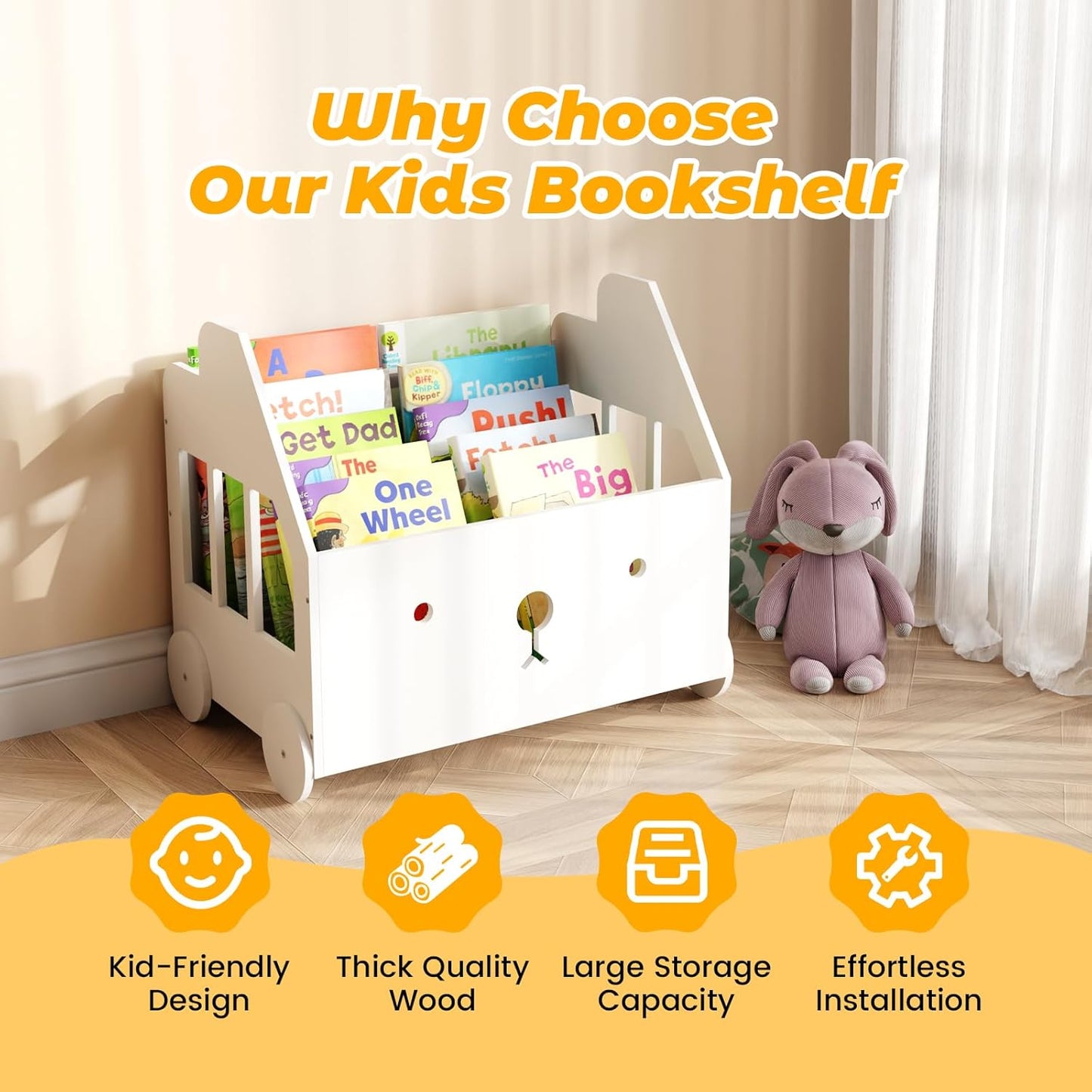 Jomzuci 4 Wooden Kids Bookshelf Bookcase, Toddler Montessori Bookshelf, Nursery Book Shelves with Adjustable Dividers