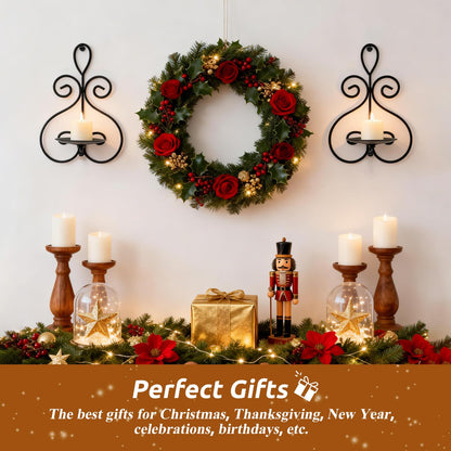 Wall Candle Sconces Set of 2, Double Scroll Pattern Candle Sconces, Metal Wall Candle Holder for Home Decor, Living Room, Dining Room, Bedroom, Black, Gifts for Men Women Mom or Dad