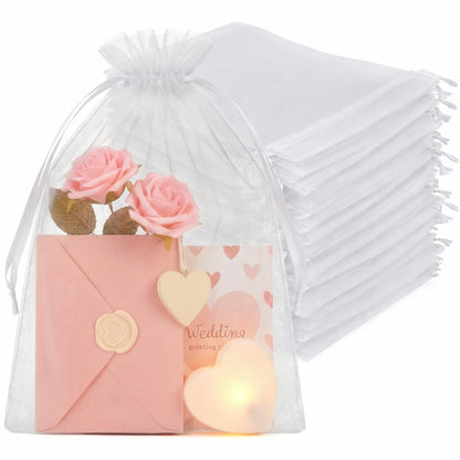 Crweety 100PCS White Organza Bags 8x12, Large Mesh Bags Drawstring for Gifts Wedding Favors Treats Makeup Soap Sachet Candy Jewelry, Party Favor Goodie Bags Bulk for Birthday Graduation Baby Shower