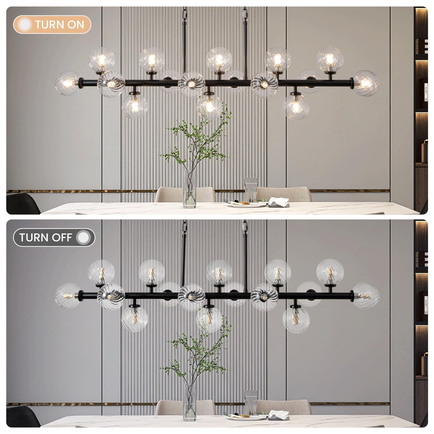 DFJL 50" Modern Linear Chandelier,Mid Century Black Finish and Transparent Pleats Glass Bubble Sputnik Pendant Light Fixtures, for Dining Room Kitchen Island Rectangle Over Table 16-Lights