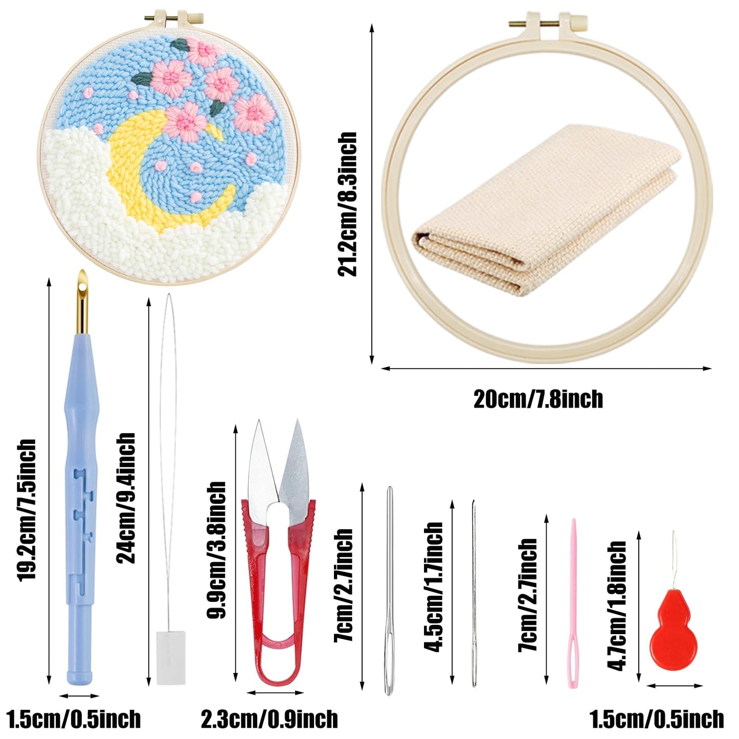 Woohome Punch Needle Kit Included Plastic Hoops, Punch Needle Cloth, Color Yarn and Punch Needle Tools for Adults, Beginners (Moon and Trees)