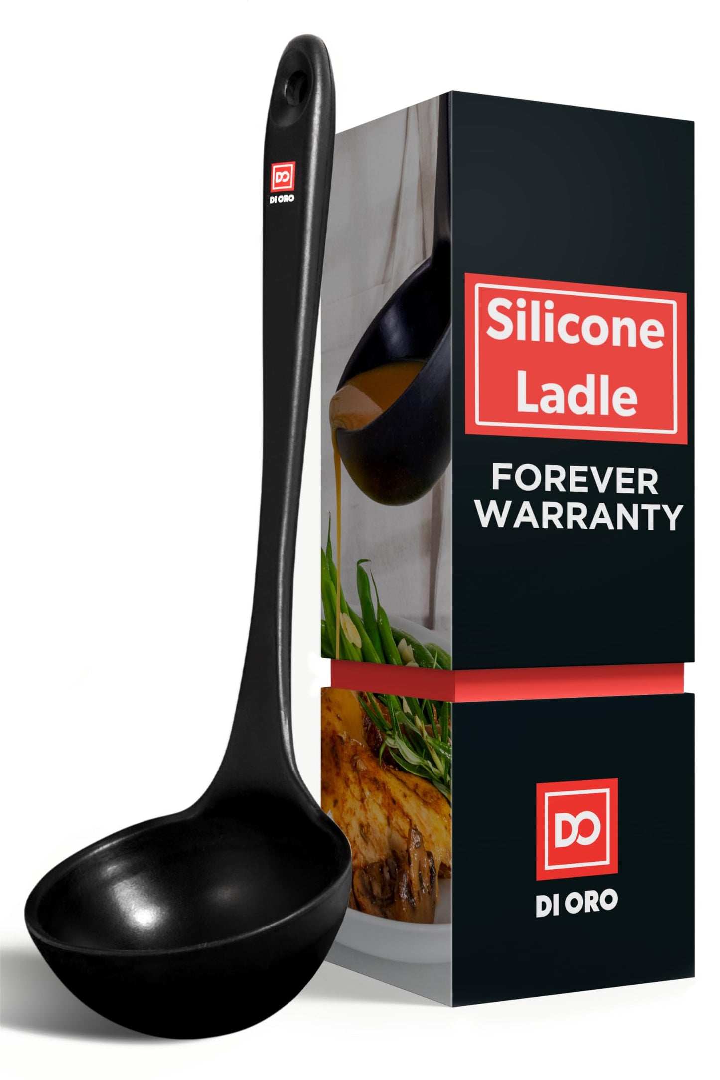 DI ORO Silicone Ladle – Soup Ladle for Cooking & Serving Heat-Resistant - Large Kitchen Soup Ladle Nonstick Cookware Safe - Soup Serving Spoon with Wide Bowl - Silicone Utensil Dishwasher Safe (Black)