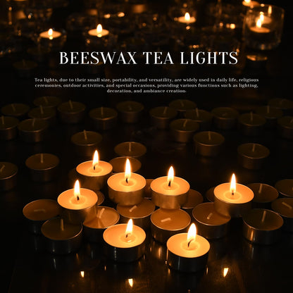 Natural Organic Beeswax Tea Candles in Metal Aluminum Cup - Small Candle Bulk Natural Scent Smokeless 4-5 Hours Long Burning - Yellow, Pack of 50