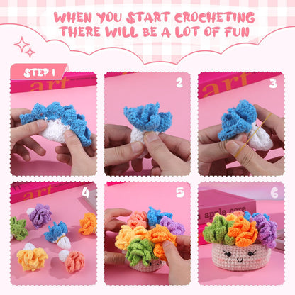 Hssugi Crochet Kit for Beginners, 6PCS Crochet Starter Kit, Potted Plant Coasters Crochet Kit with Step-by-Step Video Tutorials, Crochet Hooks, Learn to Crochet Kits for Adult Beginners