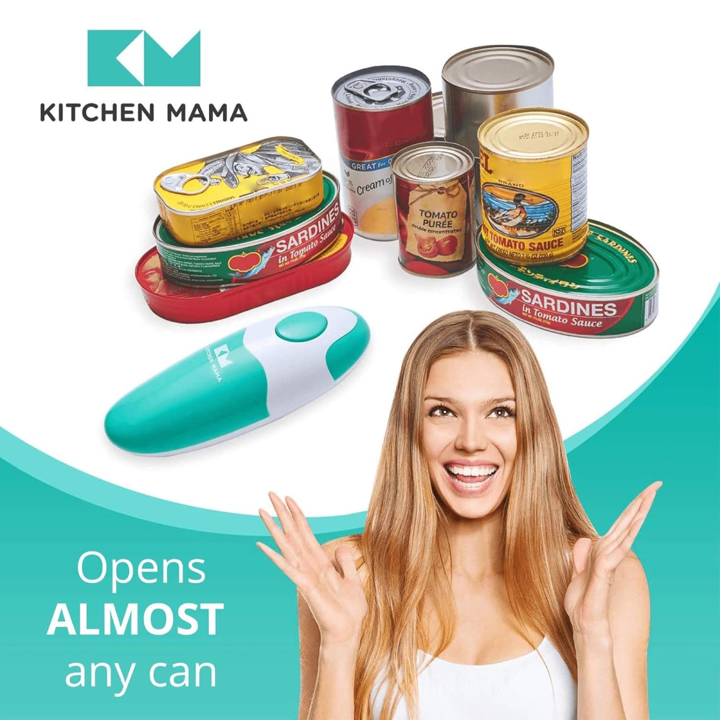 Kitchen Mama Auto Electric Can Opener: Open Your Cans with A Simple Press of Button - Automatic, Hands Free, Smooth Edge, Food-Safe, Battery Operated, YES YOU CAN (Teal)