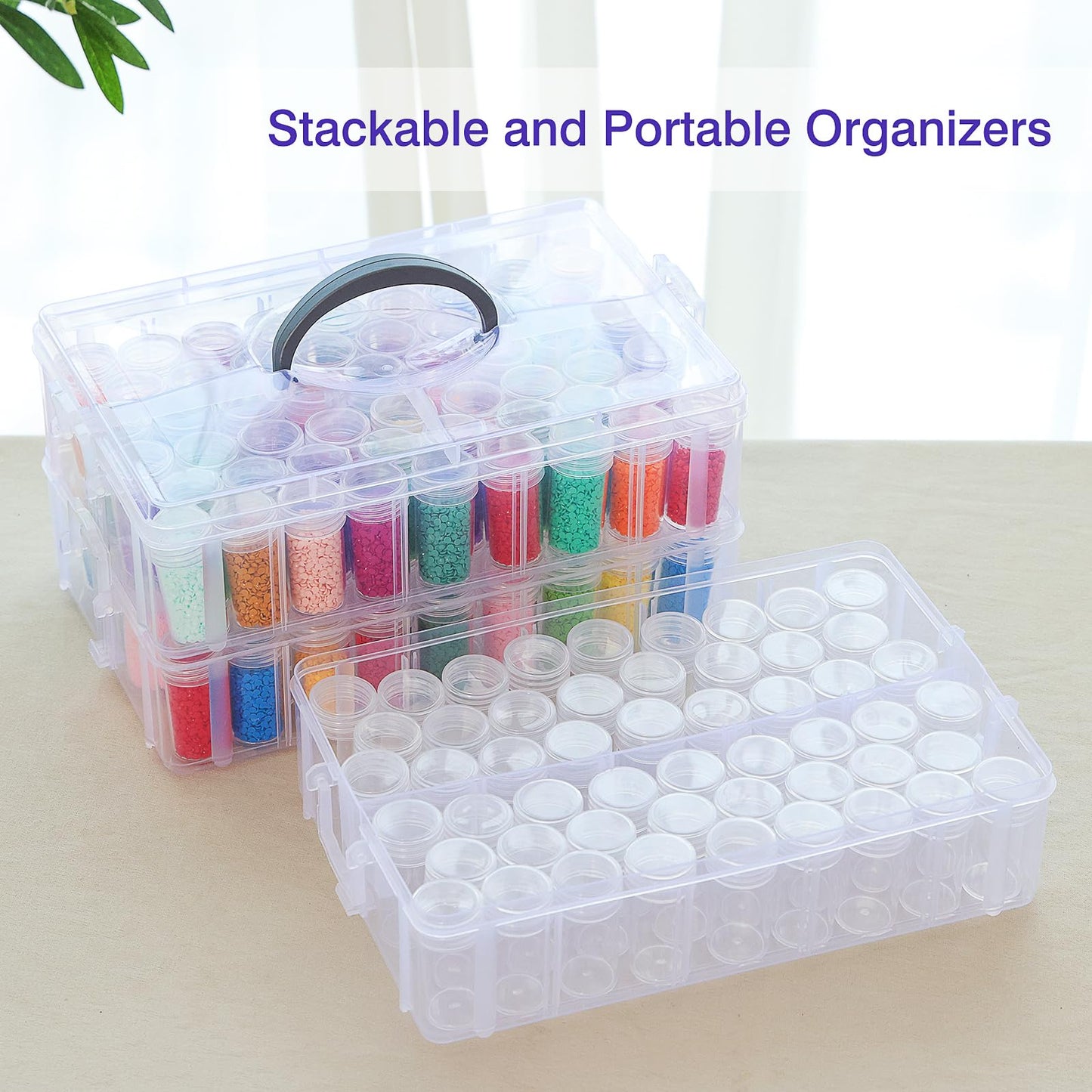 QUEFE 4-Tier Diamond Painting Storage Container, 200 Slots Portable Bead Organizer Box, Stackable Crafts Organizers for DIY Diamond Art Craft Jewelry Bead Storage