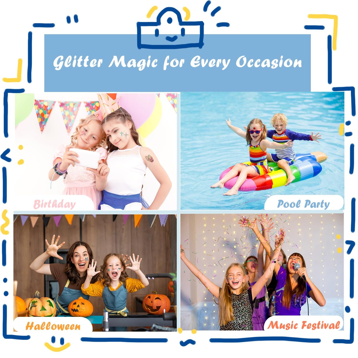 Glitter Tattoo Kit, All-in-One Glitter Tattoos for Kids & Adults with 295 Stencils, 42 Color Powders, 2 Gem Stickers & 20 Turtle Rhinestones, Face & Body Art, Ideal for Carnival, Birthday Party Gift