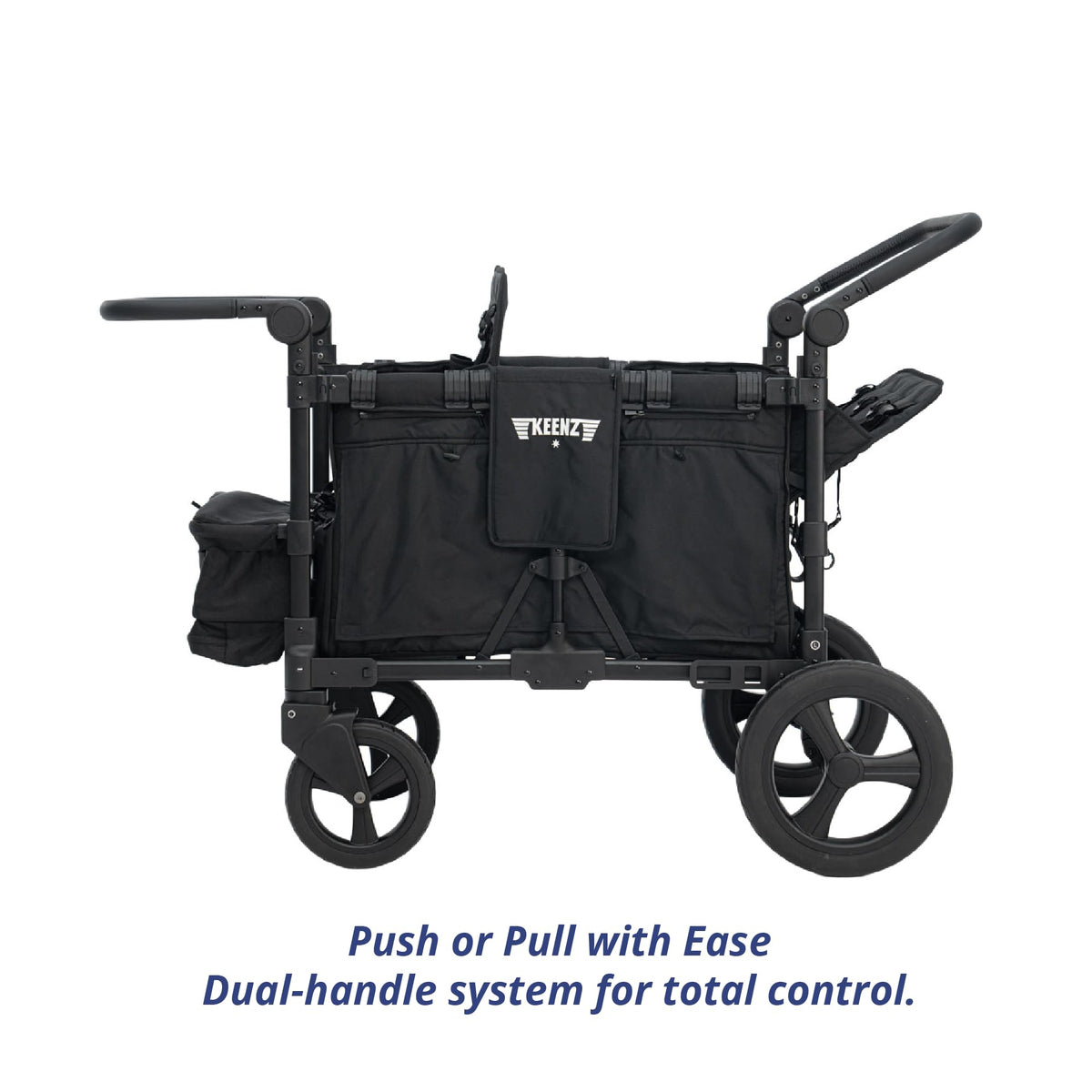 Keenz MOOV 4-Passenger All-Terrain Stroller Wagon with Reclining Seats, Built-in Cooler, Push/Pull Handle, Rubber Wheels, and Activity Tray – Foldable Wagon for Four Kids, Black