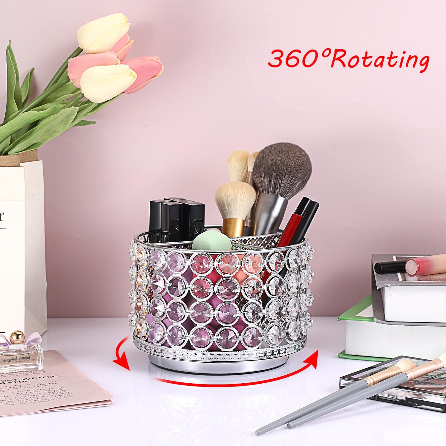 Hipiwe Crystal Vanity Organizer Makeup Brush Holder- 360 Rotating Cosmetic Brushes Display Organizers Spinning Remote Control Holder Bathroom Storage Organizer for Eyebrow Pen Pencil,Silver 4-Slot