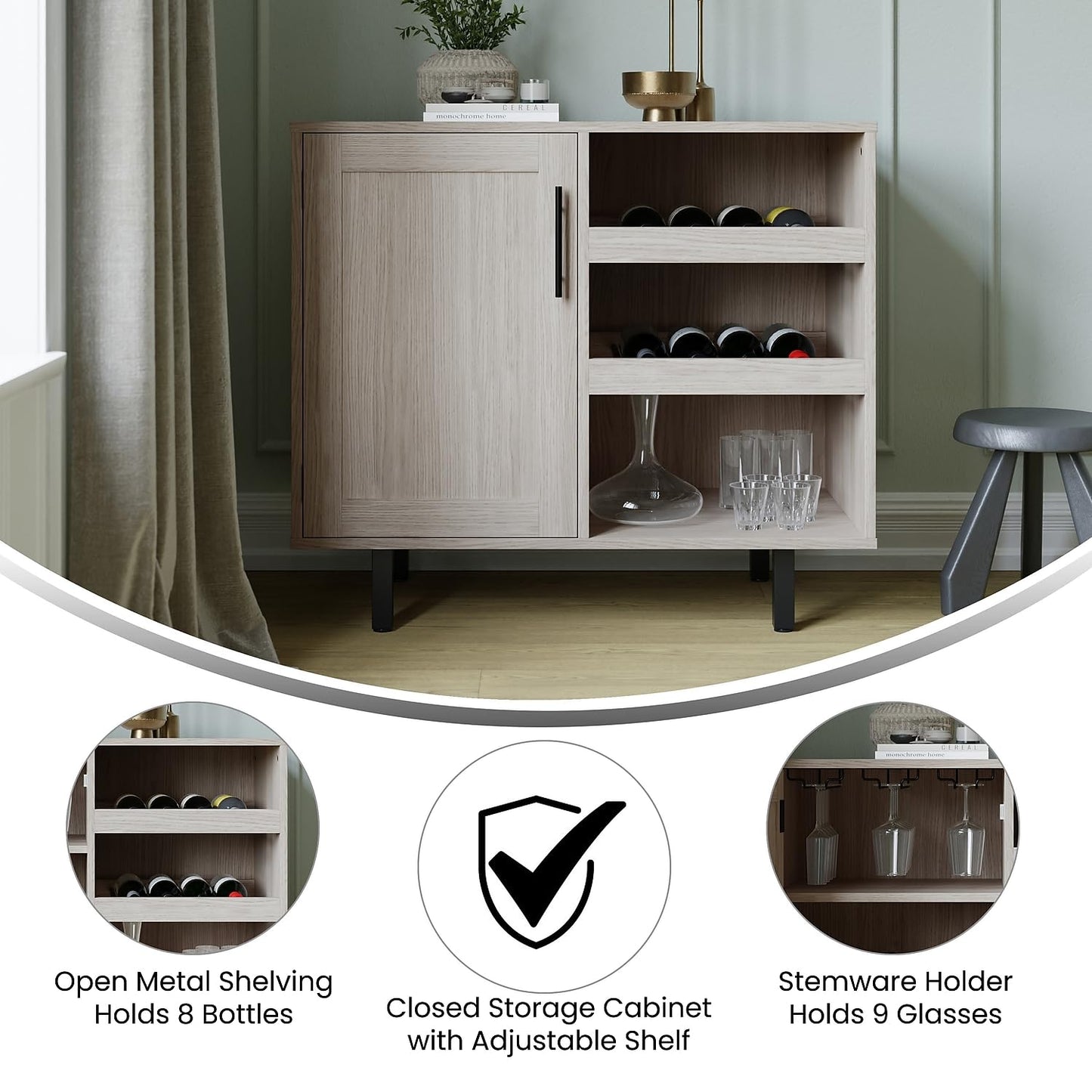 Flash Furniture Elmont Bar and Sideboard with Bottle and Stemware Storage, Open Lower Shelf, 2 Open Bottle Shelves, 3 Cabinet Stemware Hangers, Gray
