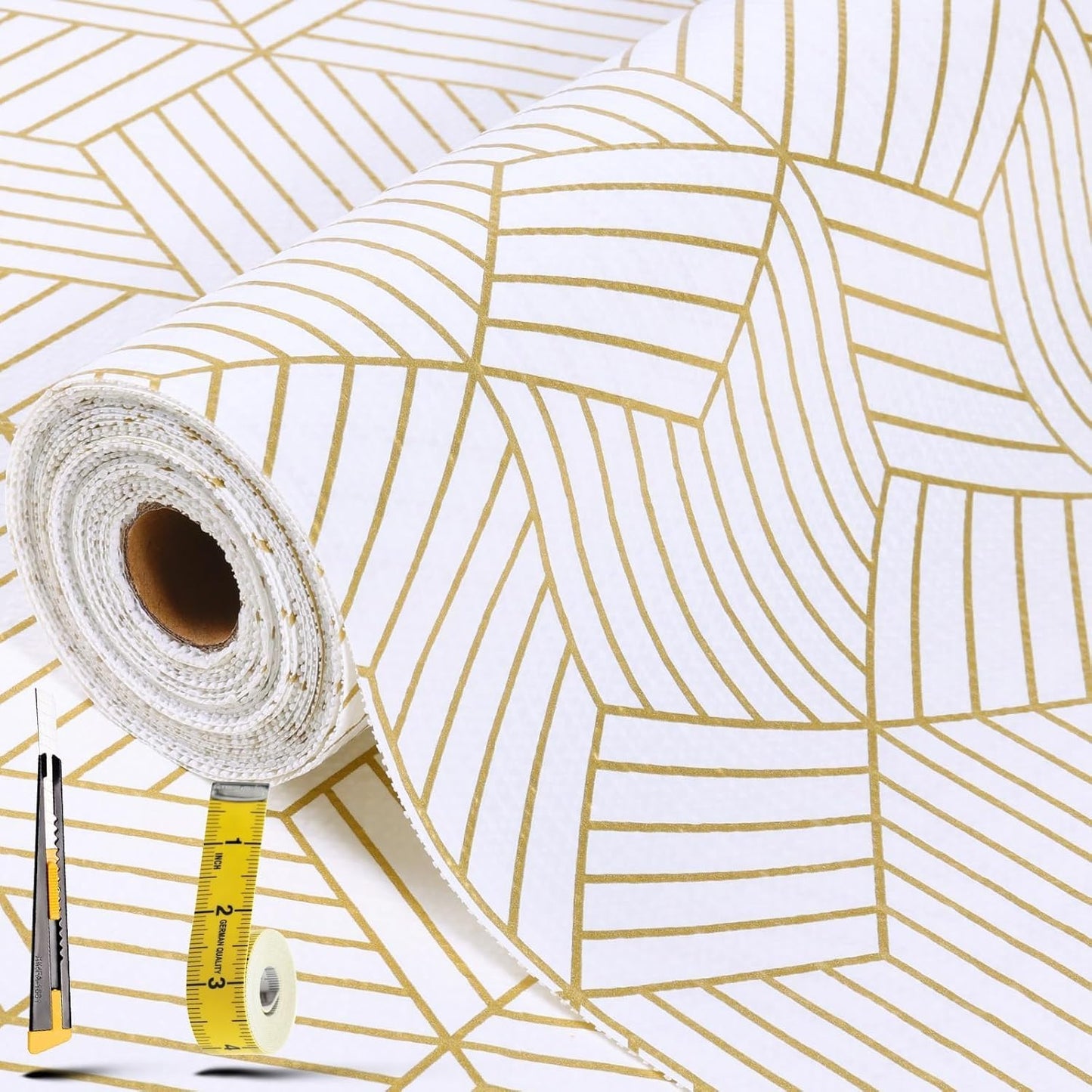 Shelf Liners for Kitchen Cabinets 17in x 30FT, Non Adhesive Cabinet Liner Strong Non-Slip Golden Leaf Drawer Liner, Easy to Clean for Shelf, Cabinet with Knife and Tape Measure