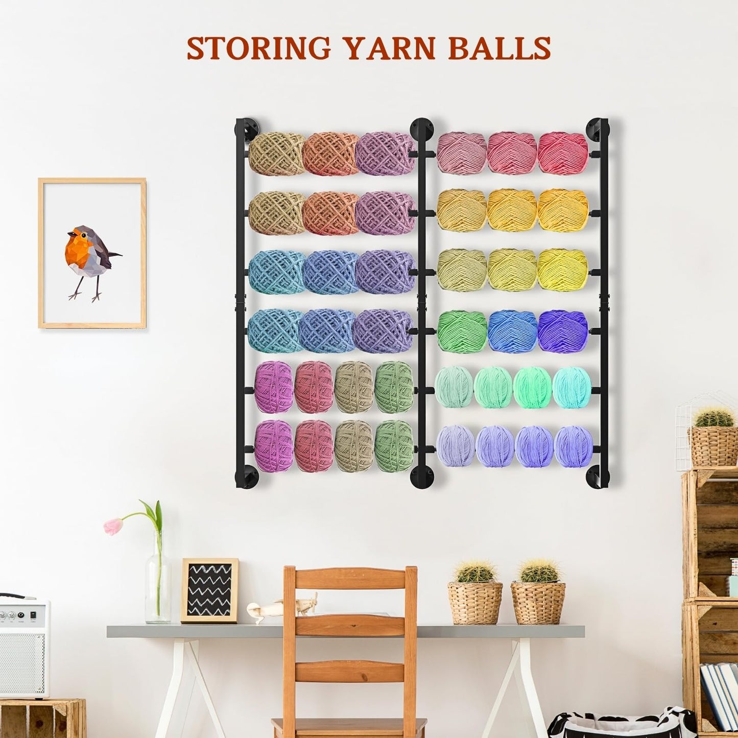 Double 6-Tier Ribbon Storage Organizer, Large Capacity Wall Mount Ribbon Organizer with 12 Removable Rods, Gift Bag Yarn Storage Holder for Craft Room, Flower Shop, DIY Supplies,Wrapping Paper - Metal