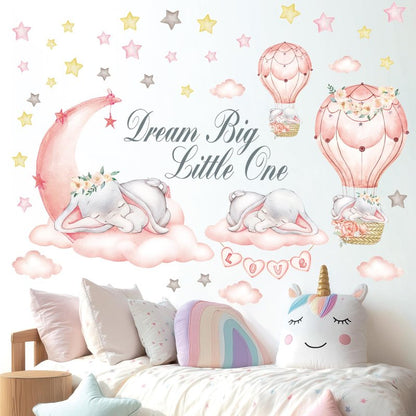 DECOWALL Dream Big Little One Wall Decals – Elephant Moon and Stars Nursery Wall Stickers, Peel and Stick Removable Baby Girl Room Decor for Kids Bedroom (SG-2203)