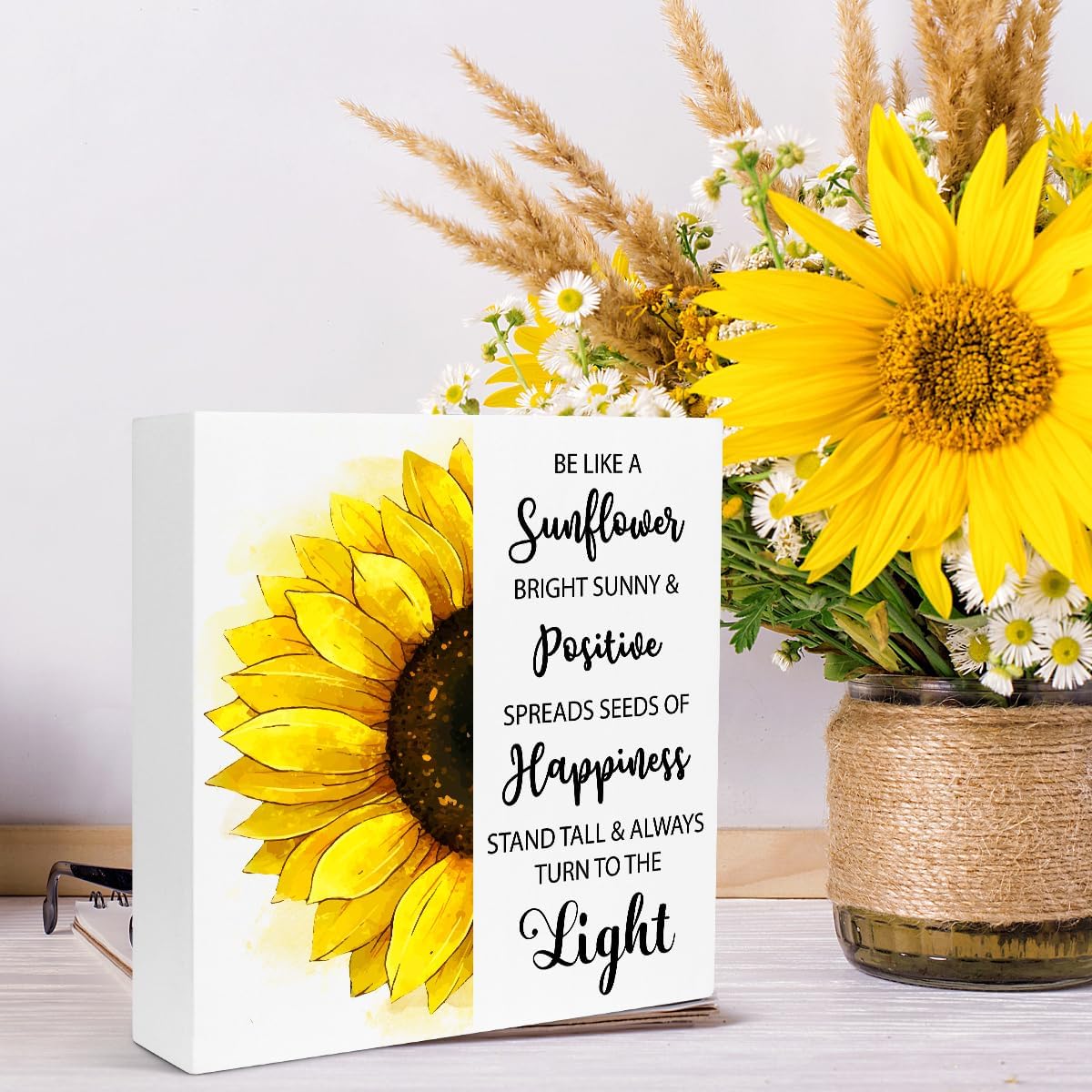 Creoate Inspirational Wood Block Sign Desk Decor - Be Like a Sunflower, Positive Uplifting Decor for Home