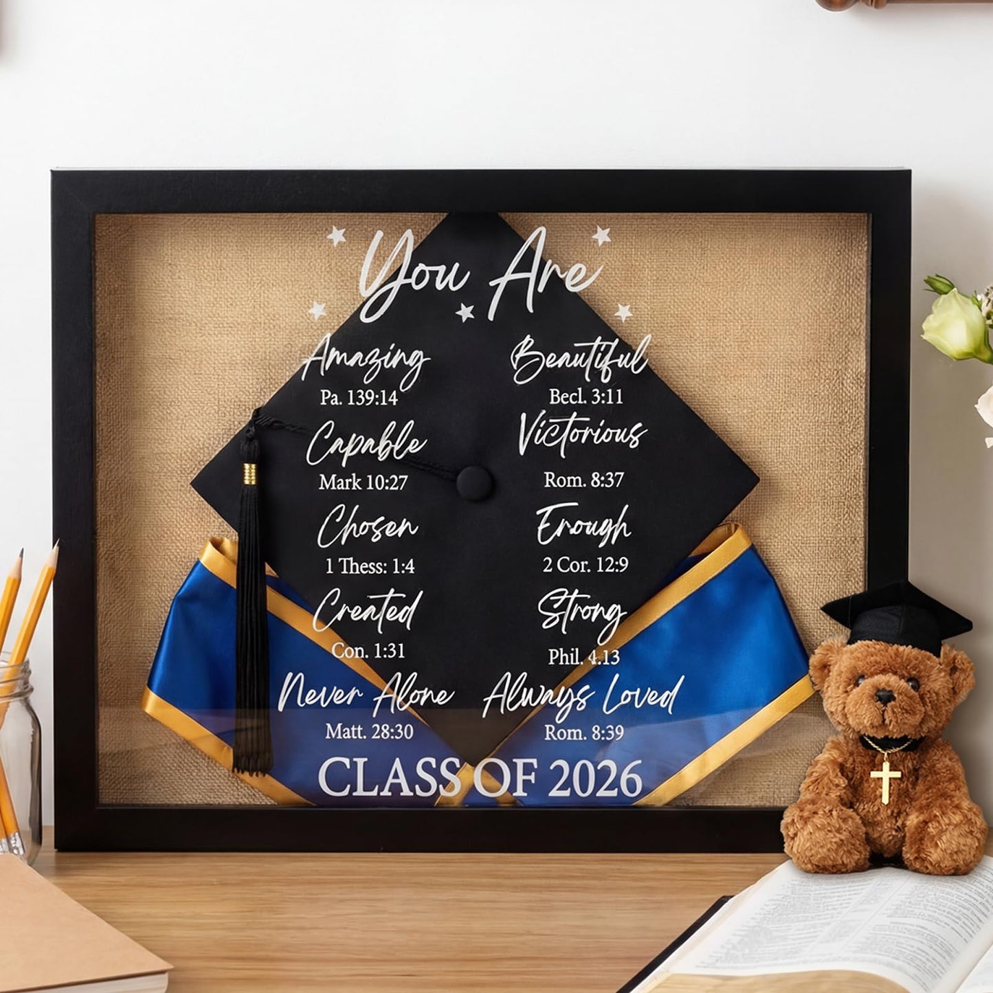 Wenqik Christian Graduation Shadow Box 12.6 x 16.54 Inch Graduation Party Decoration Inspirational Bible Verse Shadow Box Frame for Class of 2026 Wooden Display Case with Stick Pins Gift Black Frame