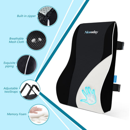 Lumbar Support Pillow for Office Chair Car Back Support Pillow, Memory Foam Gaming Chair Desk Chair Back Cushion for Lower Back Pain Relief, Ergonomic Back Rest with Double Adjustable Straps