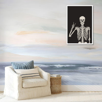 Funny Black Skeleton Canvas Wall Art Spooky Decor Halloween Poster High Hand Peace Print Bones Minimalist Background 12X16in Unframed