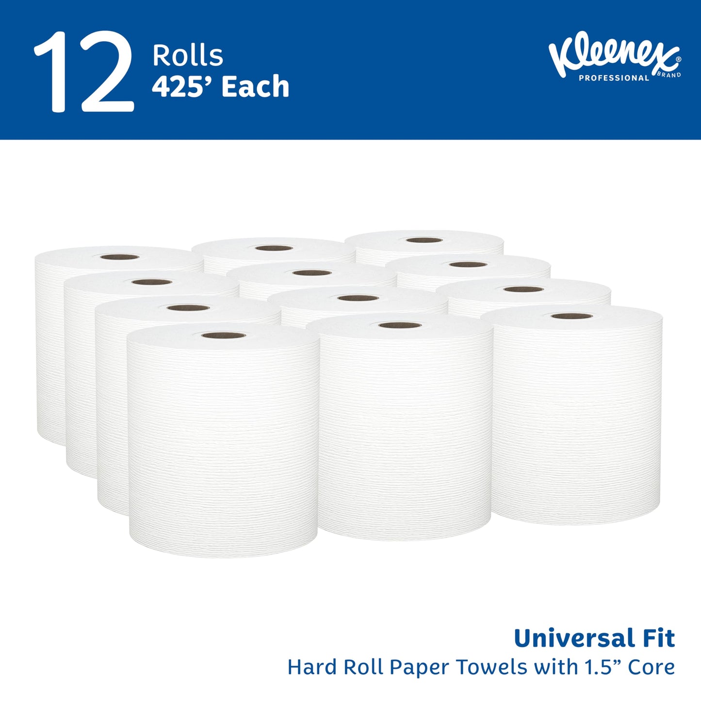 Kleenex Professional Universal Hard Roll Paper Towels, Bulk (01080), Hardwound 1.5" Core, Premium Absorbency Pockets, White (12 Rolls at 425' Each, 5,100'/Case)