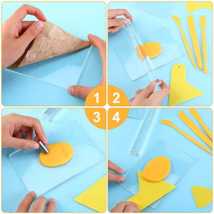 Honoson 24 Pcs Clay Sculpting Tools Kits Polymer Clay Tools DIY Set with Roller, Acrylic Sheet, Scraper Backing Board, Round Circle Shape Cutter, Shaping for Art Craft(Yellow)