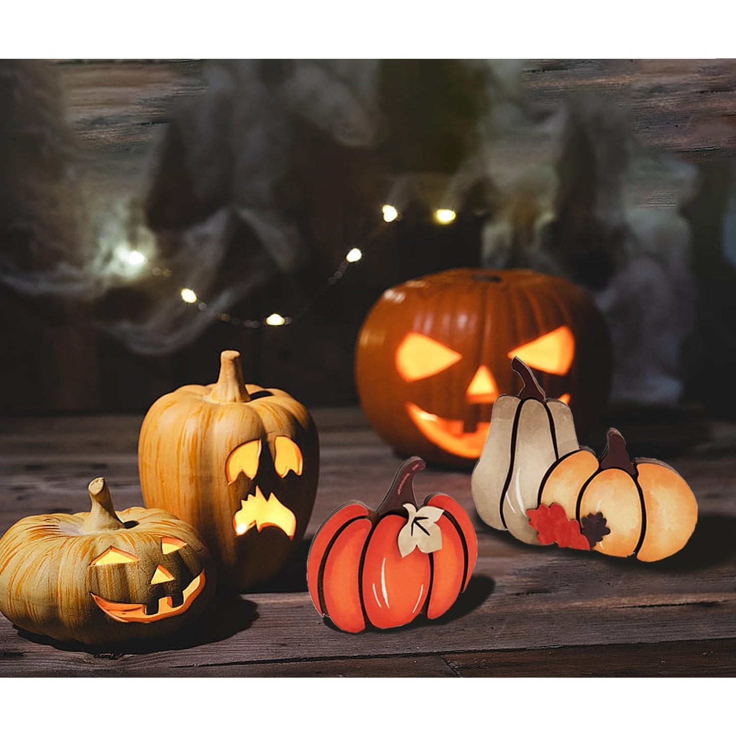 3PCS Wooden Pumpkin Fall Decor- Double Side Fall Pumpkin Decorations for Home Thanksgiving Table Centerpieces for Home, Office, Mantel and Shelf Autumn Decorations (D3)