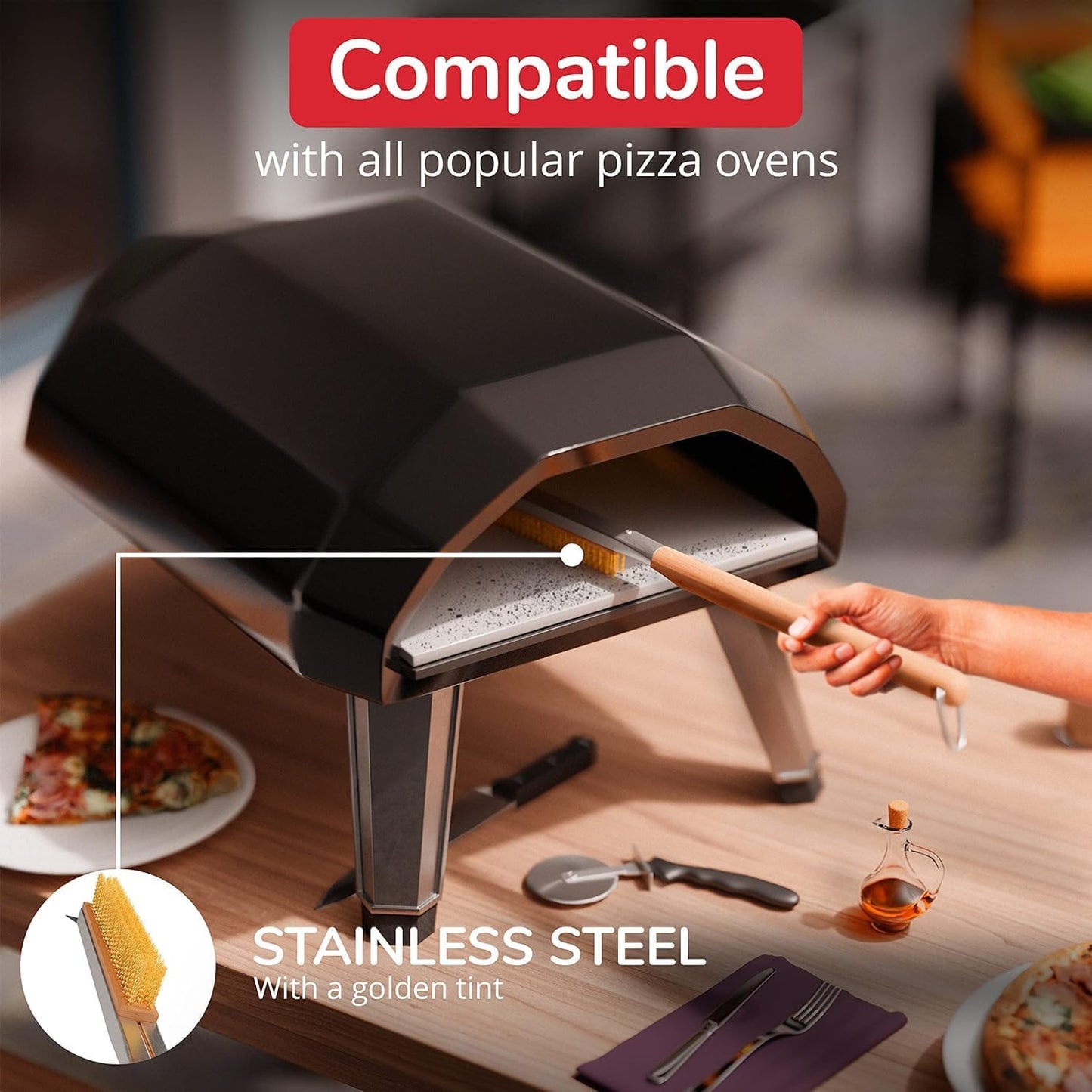 22 Senwosa Pizza Oven Brush with Stone Scraper - Heat Resistant Stainless Steel Bristles, Extra Long Handle - Universal