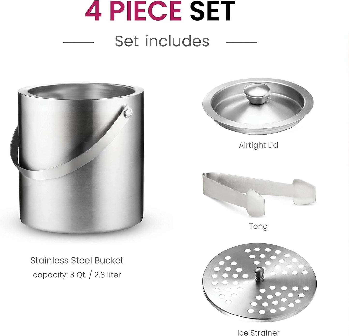 FineDine Double-Wall Stainless Steel Insulated Ice Bucket - 3 Liter with Lid & Ice Tong for Home Bar