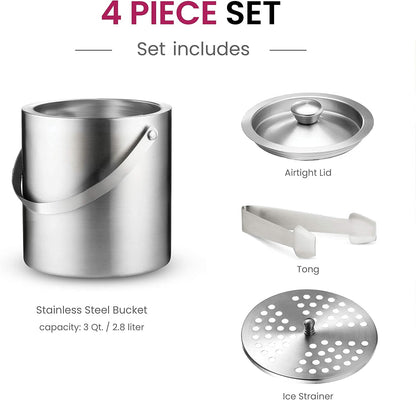 FineDine Double-Wall Stainless Steel Insulated Ice Bucket - 3 Liter with Lid & Ice Tong for Home Bar