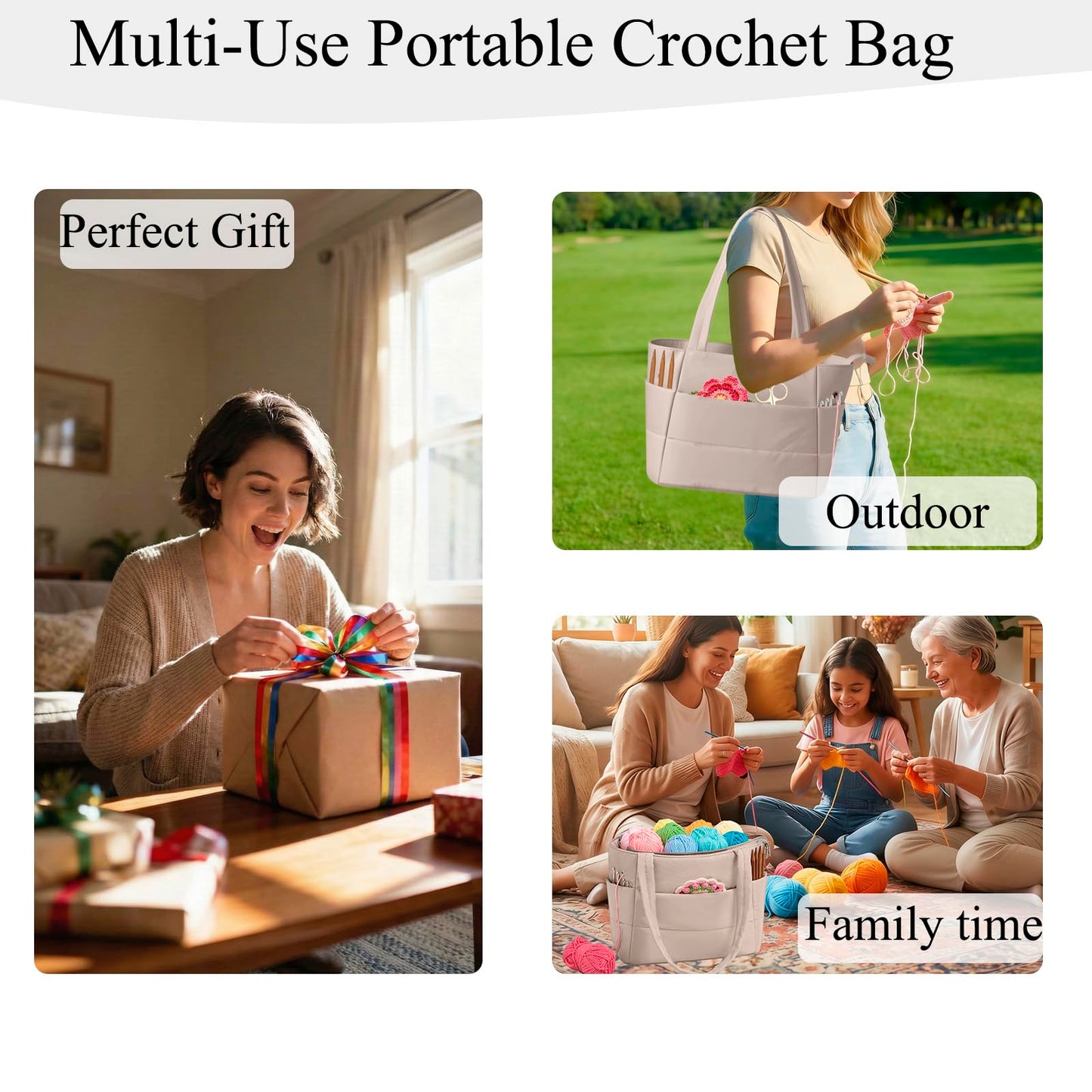 Crochet Bag for Yarn Storage, Puffer Knitting Bag with Soft Handles, Lightweight Yarn Storage Organizer with Zipper for Crochet Accessories, Gifts for Crocheters (Brown)