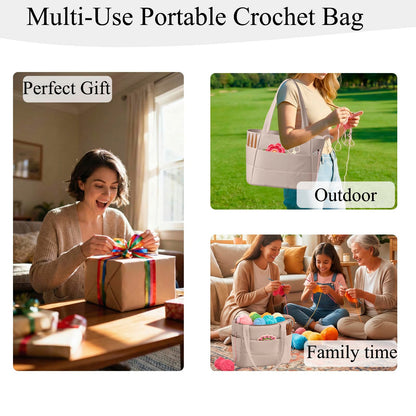 Crochet Bag for Yarn Storage, Puffer Knitting Bag with Soft Handles, Lightweight Yarn Storage Organizer with Zipper for Crochet Accessories, Gifts for Crocheters (Brown)