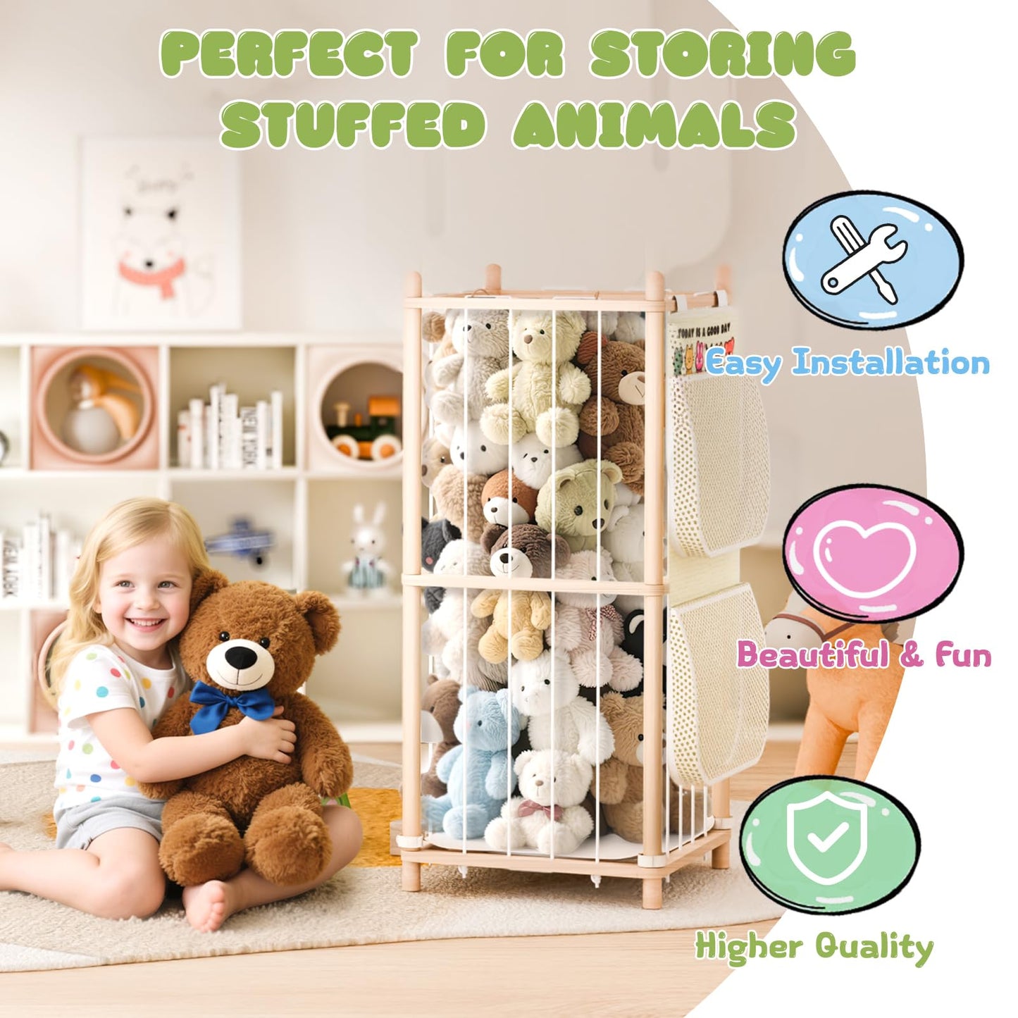 Rootling Stuffed Animal Storage & Organizer, 54 inch Tall Wooden Cute Zoo Toy Holder w/Building Block Storage Bag, Premium Wooden Material with Elastic Cord for Toddler Rooms, Playrooms (Small)