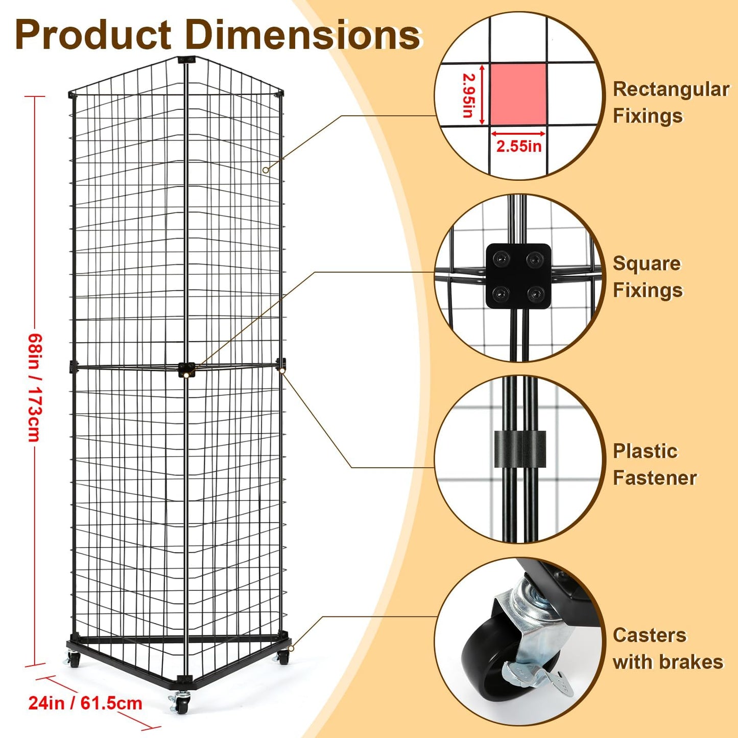GADFISH Triangular Gridwall Panel Display Stand, Black Triangle Wire Grid Tower with Base and Casters, 24" x 68" Rolling Grid Wall, Panel Stand for Home Organization, Retail, Trade Show, Vendor