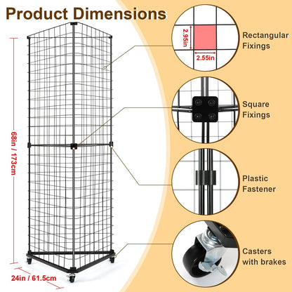 GADFISH Triangular Gridwall Panel Display Stand, Black Triangle Wire Grid Tower with Base and Casters, 24" x 68" Rolling Grid Wall, Panel Stand for Home Organization, Retail, Trade Show, Vendor