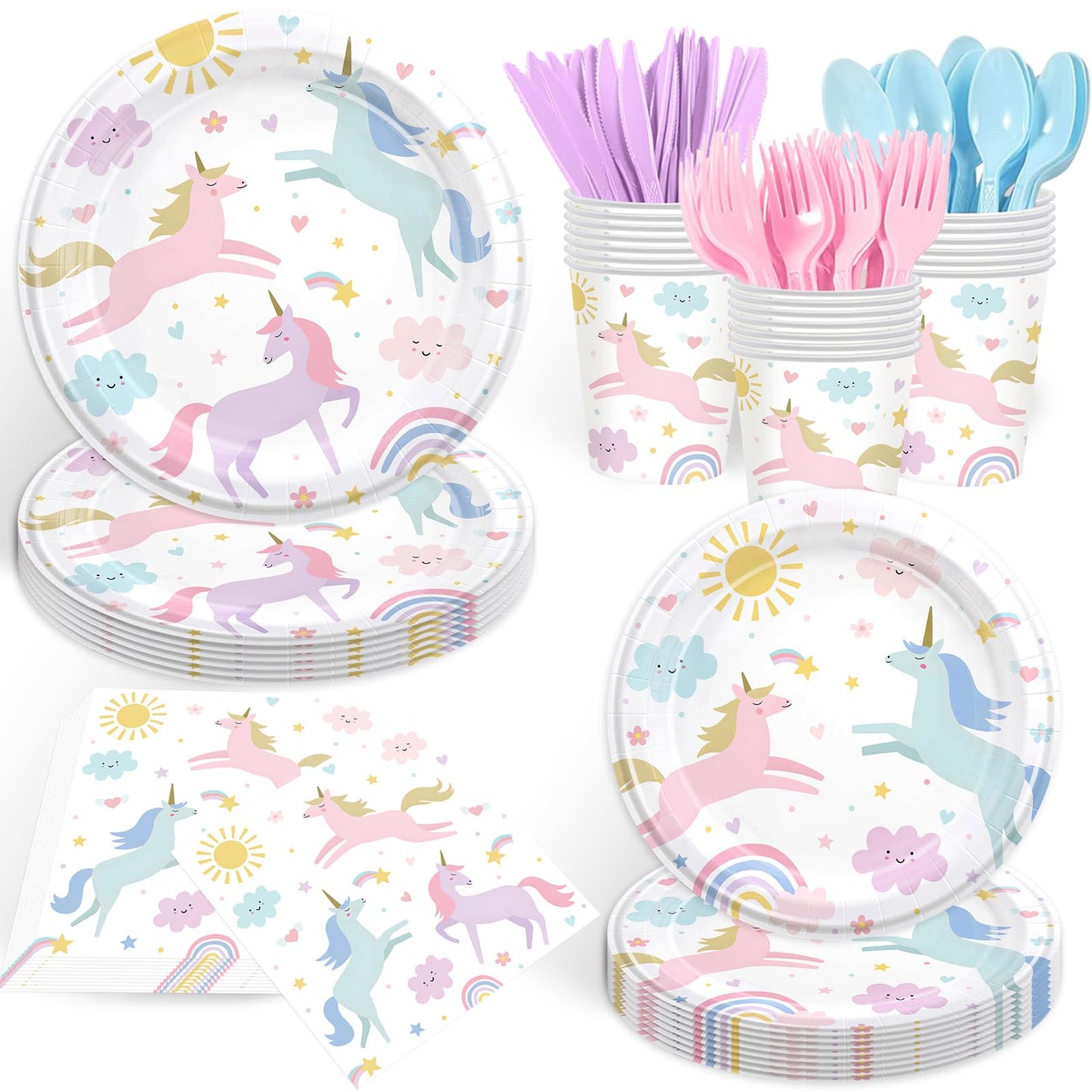 168PCS Unicorn Party Supplies Pastel Rainbow Unicorn Birthday Decorations Kit Sun Cloud Paper Plates Napkin Cups Forks Knives Favors for 24 Guests