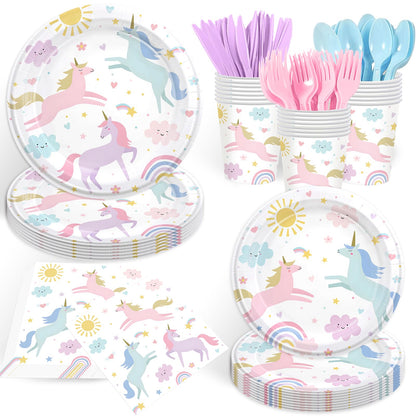 168PCS Unicorn Party Supplies Pastel Rainbow Unicorn Birthday Decorations Kit Sun Cloud Paper Plates Napkin Cups Forks Knives Favors for 24 Guests