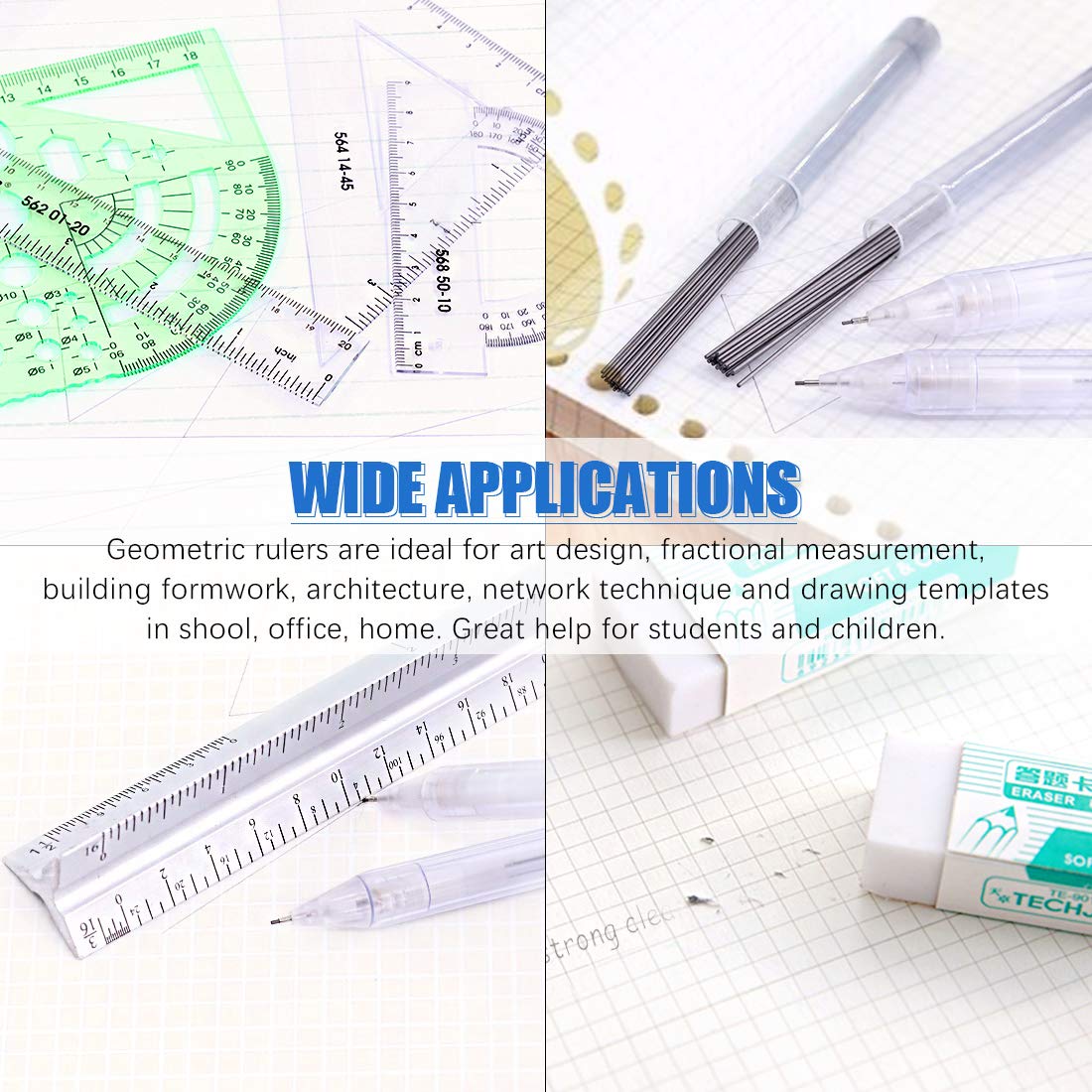 Glarks 16 Pieces Measuring Templates Building Formwork Stencils Geometric Drawing Rulers and Triangular Architect Scale Ruler with Pencil, Pencil Lead Refills, Eraser for Office and School