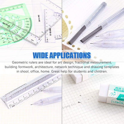 Glarks 16 Pieces Measuring Templates Building Formwork Stencils Geometric Drawing Rulers and Triangular Architect Scale Ruler with Pencil, Pencil Lead Refills, Eraser for Office and School